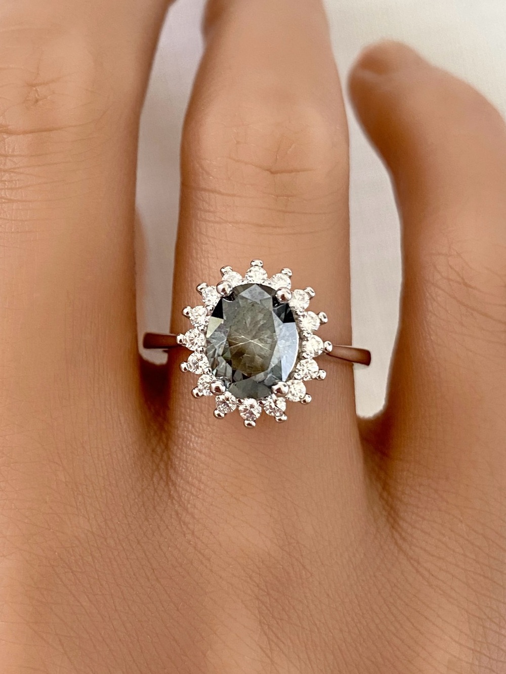 Sterling Silver Oval Grey Moissanite Diamond Round CZ Halo Statement Ring